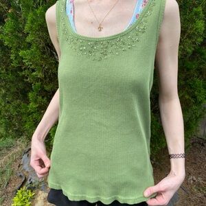 Vintage Apostrophe Y2K Beaded Green Sleeveless Top Size XL